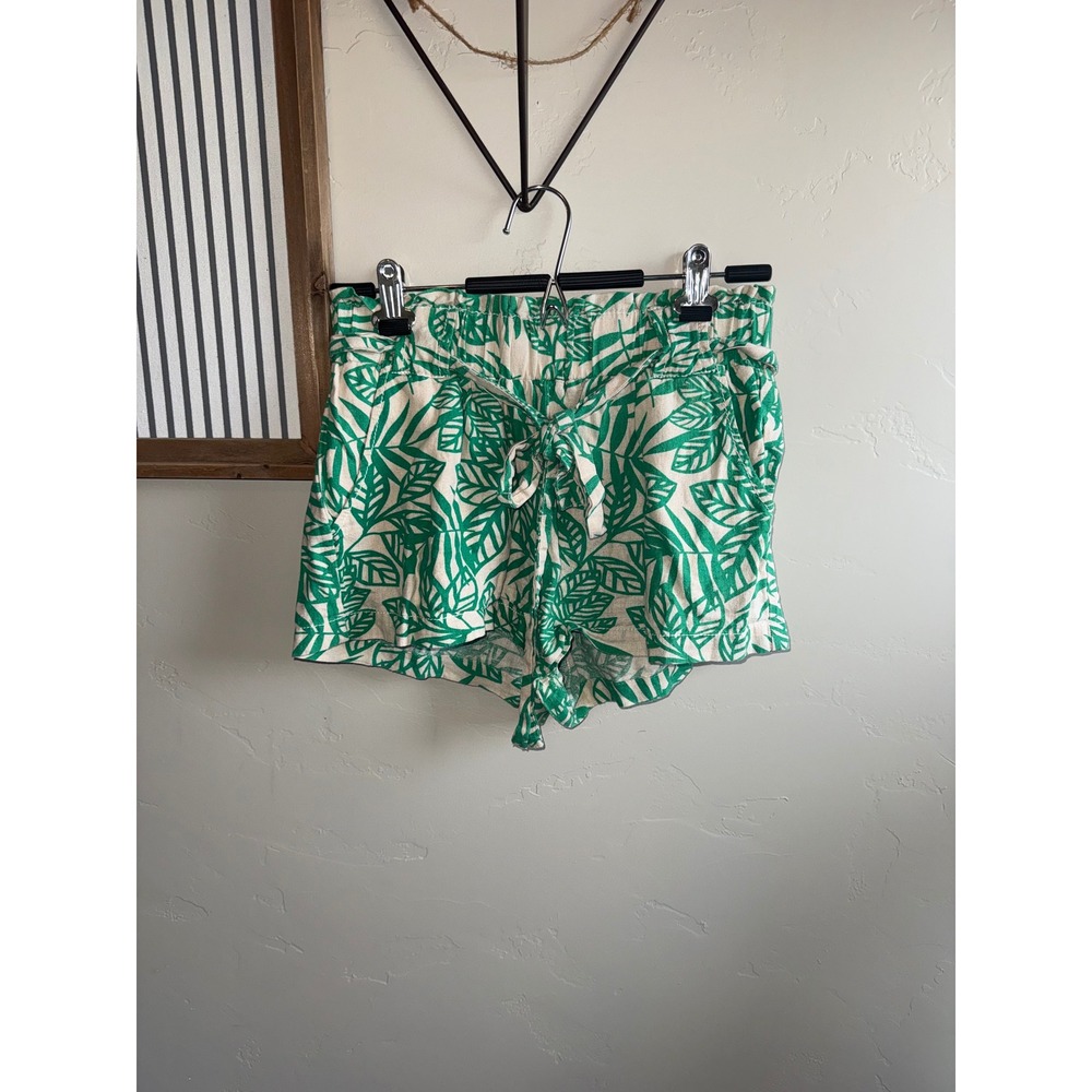 Cali 1850 Green‎ Palm Leaf Linen Blend Paperbag Waist Shorts Small